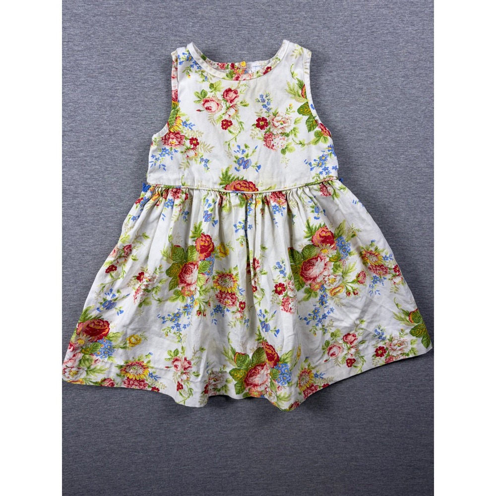 Ralph Lauren Dress Girls 24M White Floral Print Sleeveless Cotton Button Back